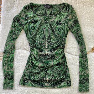 INC International Concepts Sheer Green Paisley Beaded Top